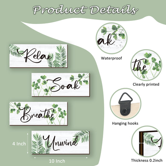 ONIZHITY 4 Pcs Farmhouse Bathroom Wall Decors Relax Soak Unwind Breathe Wooden Word Sign Green Hanging Wall Art Rustic Office Wall Decor for Bedroom Living Room Vintage Decorations(Green Leaves 10X4 Inch)