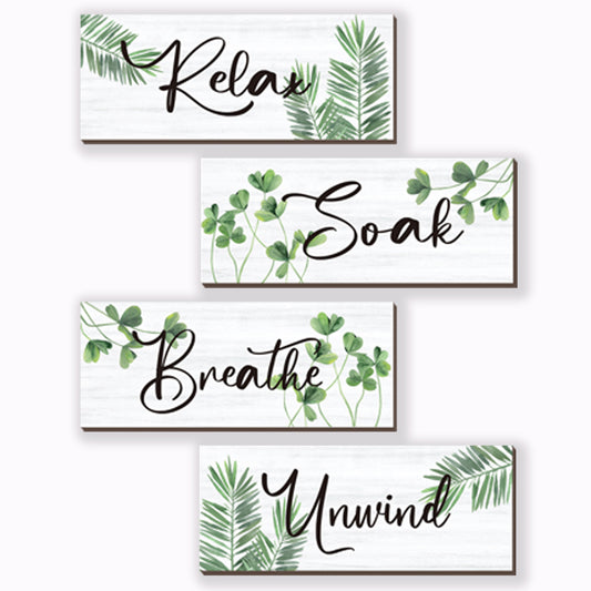 ONIZHITY 4 Pcs Farmhouse Bathroom Wall Decors Relax Soak Unwind Breathe Wooden Word Sign Green Hanging Wall Art Rustic Office Wall Decor for Bedroom Living Room Vintage Decorations(Green Leaves 10X4 Inch)